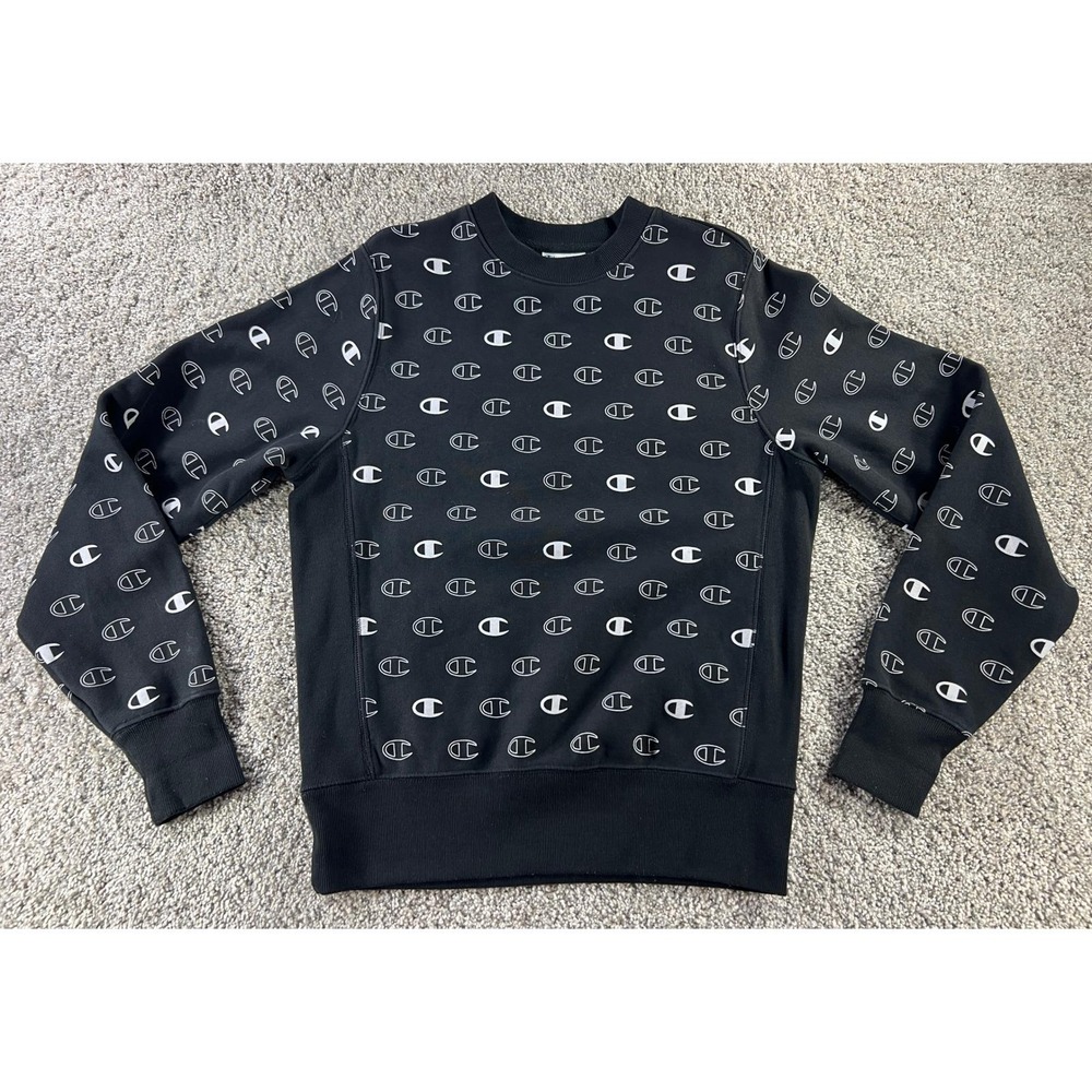 Vtg 80s Champion Reverse Weave All Over Logo Print Sweatshirt Black Mens Small
